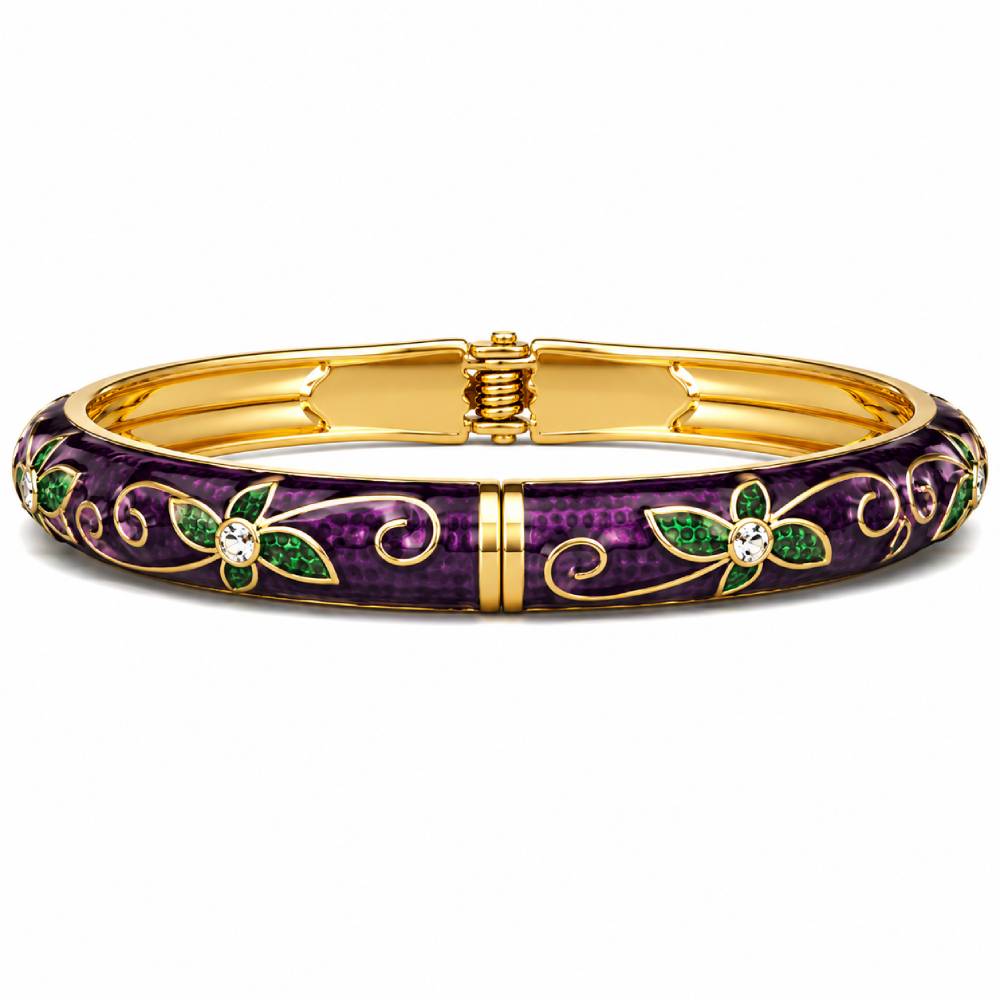 gold-enamel-floral-bangle-purple-green