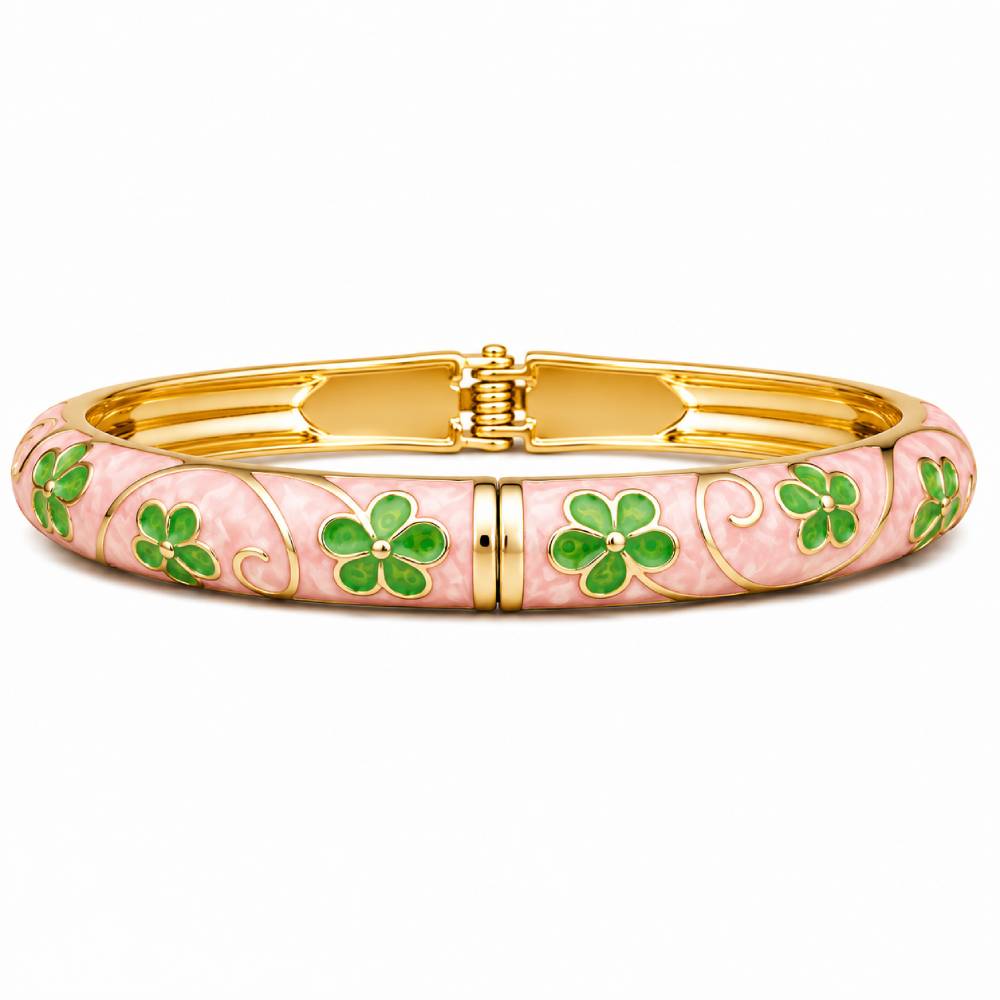 gold-tone-bangle-bracelet-pink-green-enamel-flowers-main