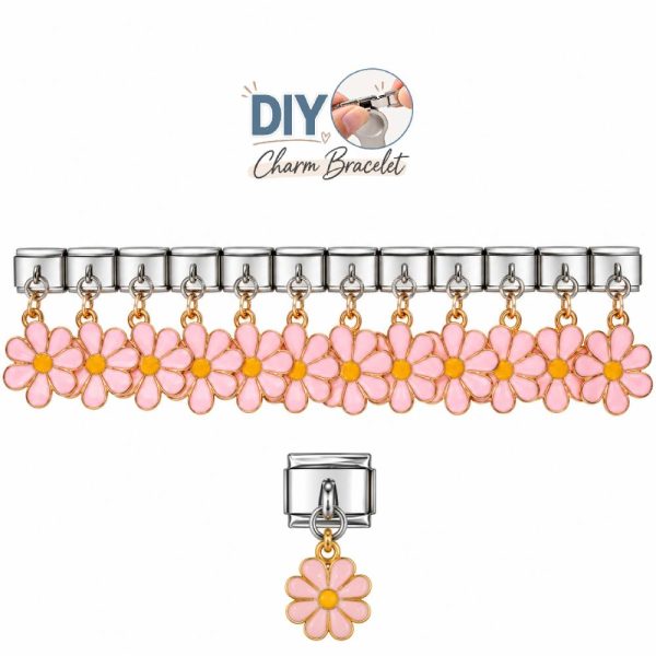Στοιχεία DIY Βραχιολιού με Ροζ Λουλούδι σε Ασημί Χρώμα